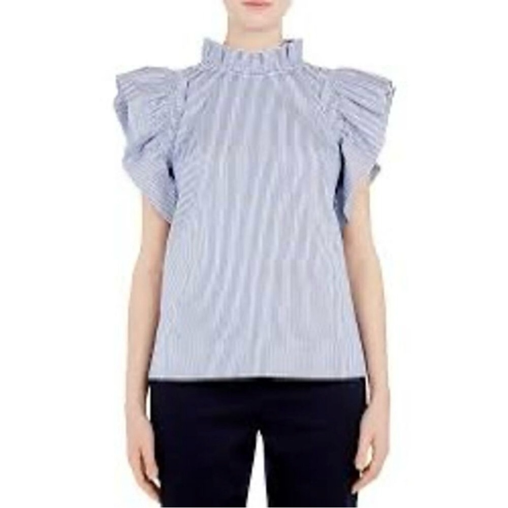 Ted Baker London Blue and White Stripe Ruffled Sleeve Blouse